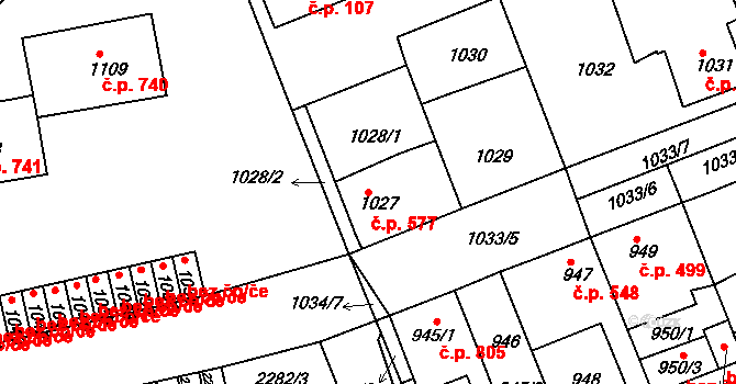 Hořovice 577 na parcele st. 1027 v KÚ Hořovice, Katastrální mapa
