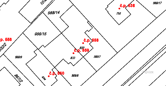 Rožnov pod Radhoštěm 558 na parcele st. 832 v KÚ Rožnov pod Radhoštěm, Katastrální mapa
