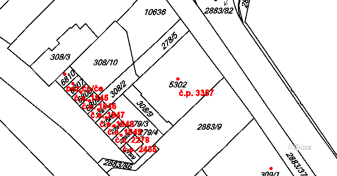 Hodonín 3357 na parcele st. 5302 v KÚ Hodonín, Katastrální mapa