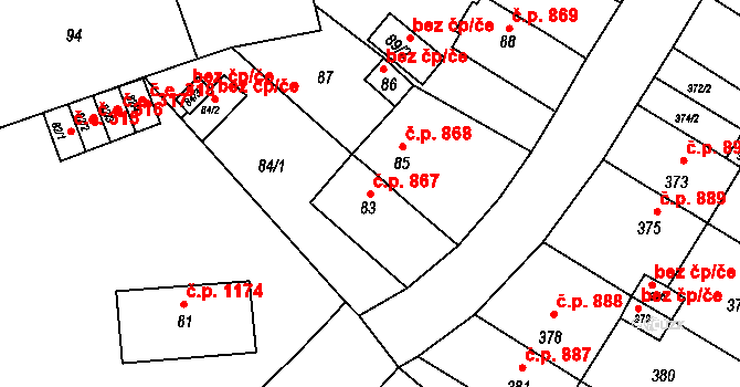 Jirkov 867 na parcele st. 83 v KÚ Jirkov, Katastrální mapa