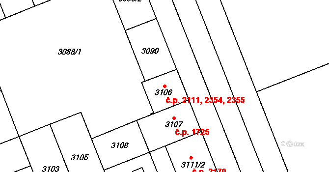 Východní Předměstí 2111,2354,2355, Plzeň na parcele st. 3088/2 v KÚ Plzeň, Katastrální mapa