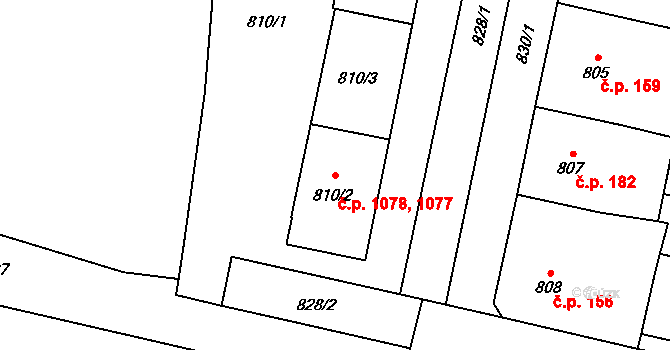 Lobzy 1077,1078, Plzeň na parcele st. 810/2 v KÚ Lobzy, Katastrální mapa