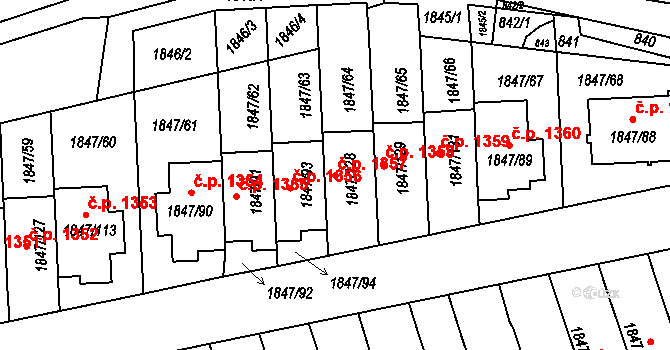 Bystřice nad Pernštejnem 1357 na parcele st. 1847/128 v KÚ Bystřice nad Pernštejnem, Katastrální mapa