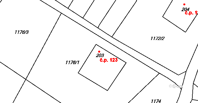Lačnov 123, Svitavy na parcele st. 203 v KÚ Moravský Lačnov, Katastrální mapa