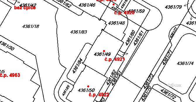 Jihlava 4921 na parcele st. 4361/49 v KÚ Jihlava, Katastrální mapa