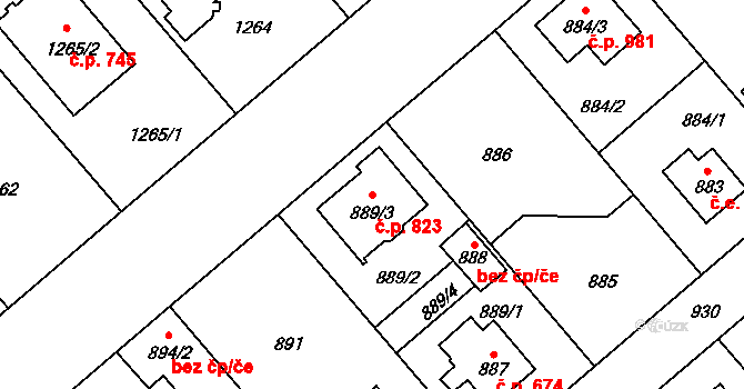 Šeberov 823, Praha na parcele st. 889/3 v KÚ Šeberov, Katastrální mapa