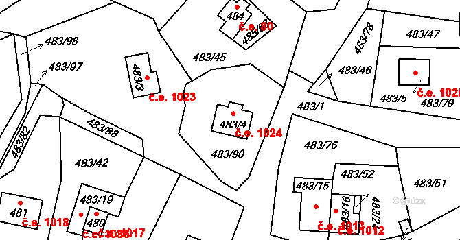 Kovářov 1024, Frymburk na parcele st. 483/4 v KÚ Frymburk, Katastrální mapa