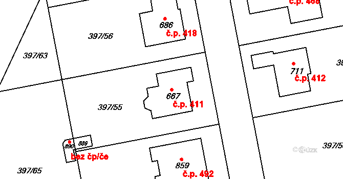 Opatovice nad Labem 411 na parcele st. 667 v KÚ Opatovice nad Labem, Katastrální mapa