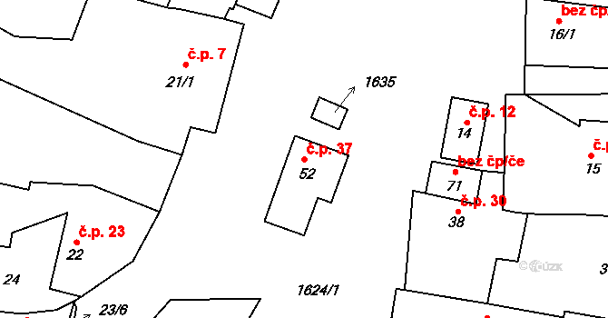 Vladměřice 37, Manětín na parcele st. 52 v KÚ Vladměřice, Katastrální mapa