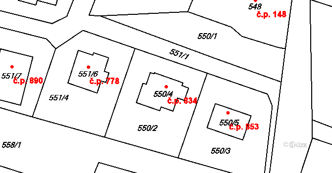 Albrechtice 834 na parcele st. 550/4 v KÚ Albrechtice u Českého Těšína, Katastrální mapa