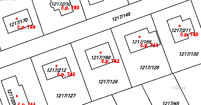 Líně 742 na parcele st. 1217/168 v KÚ Líně, Katastrální mapa