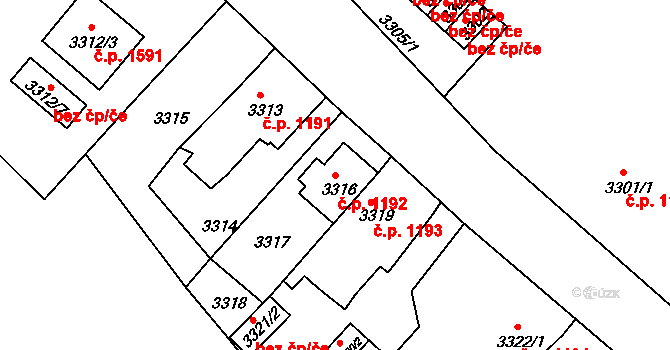 Bruntál 1192 na parcele st. 3316 v KÚ Bruntál-město, Katastrální mapa