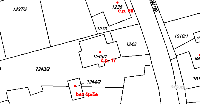 Hrabová 17, Ostrava na parcele st. 1243/1 v KÚ Hrabová, Katastrální mapa