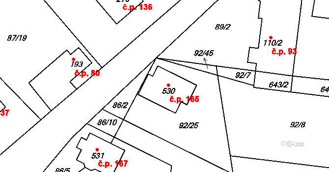 Byškovice 165, Neratovice na parcele st. 530 v KÚ Byškovice, Katastrální mapa