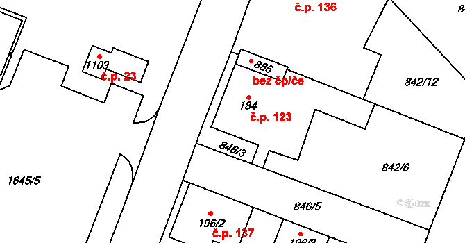 Hanušovice 123 na parcele st. 184 v KÚ Hanušovice, Katastrální mapa