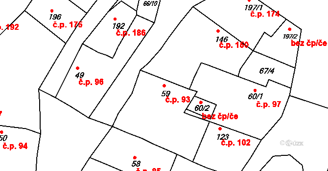 Byšice 93 na parcele st. 59 v KÚ Byšice, Katastrální mapa