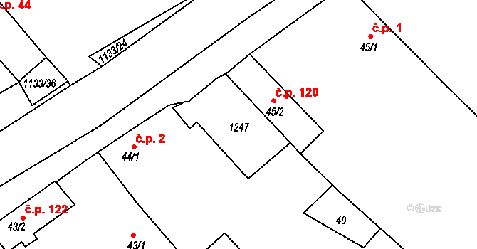 Těškov 121 na parcele st. 44/2 v KÚ Těškov, Katastrální mapa