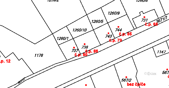 Jezbiny 86, Jaroměř na parcele st. 738 v KÚ Jezbiny, Katastrální mapa