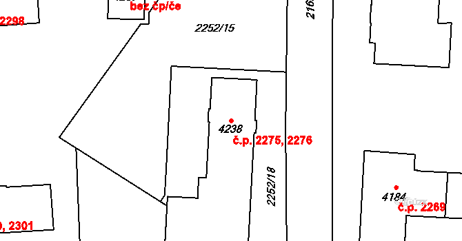 Zelené Předměstí 2275,2276, Pardubice na parcele st. 4238 v KÚ Pardubice, Katastrální mapa