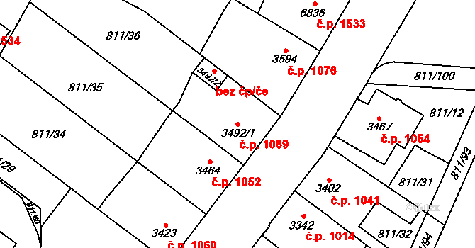 Bílé Předměstí 1069, Pardubice na parcele st. 3492/1 v KÚ Pardubice, Katastrální mapa