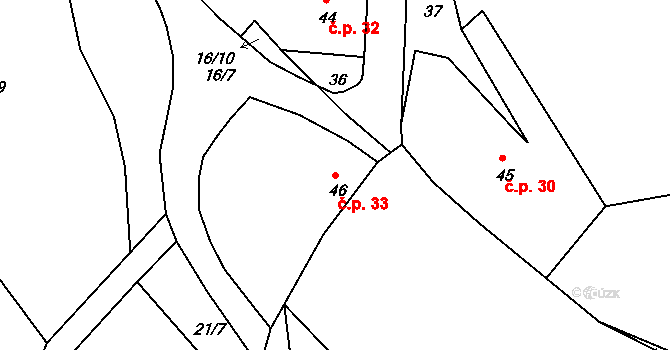 Pivonín 33, Zábřeh na parcele st. 46 v KÚ Pivonín, Katastrální mapa