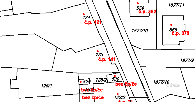 Merklín 111 na parcele st. 123 v KÚ Merklín u Přeštic, Katastrální mapa