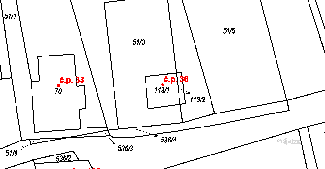 Koňkovice 36, Trpišovice na parcele st. 113/1 v KÚ Koňkovice, Katastrální mapa