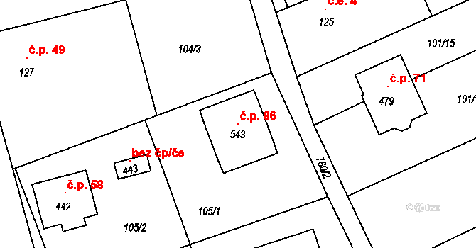 Vlastibořice 86 na parcele st. 543 v KÚ Vlastibořice, Katastrální mapa