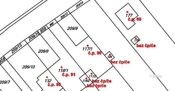 Jarohněvice 90 na parcele st. 117/1 v KÚ Jarohněvice, Katastrální mapa