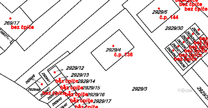 Branišovice 136 na parcele st. 2929/4 v KÚ Branišovice, Katastrální mapa
