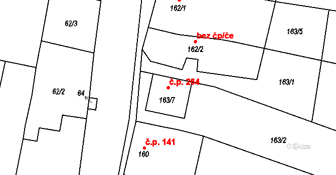 Kovalovice 264 na parcele st. 163/7 v KÚ Kovalovice, Katastrální mapa