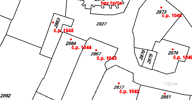 Rakšice 1043, Moravský Krumlov na parcele st. 2867/1 v KÚ Moravský Krumlov, Katastrální mapa