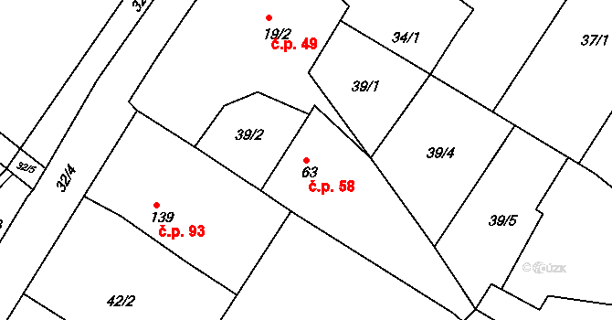 Chvalovice 58, Kovanice na parcele st. 63 v KÚ Chvalovice u Nymburka, Katastrální mapa