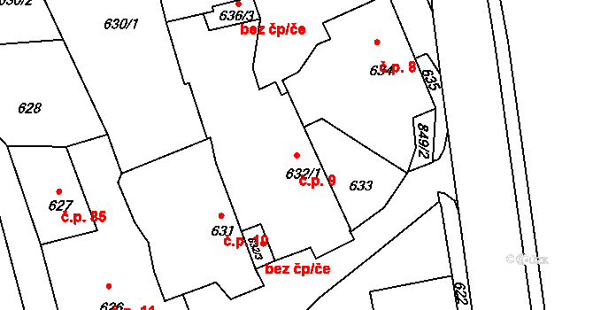 Černé Budy 9, Sázava na parcele st. 632/1 v KÚ Černé Budy, Katastrální mapa