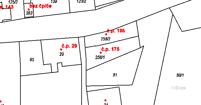 Huť 175, Pěnčín na parcele st. 258/1 v KÚ Huť, Katastrální mapa