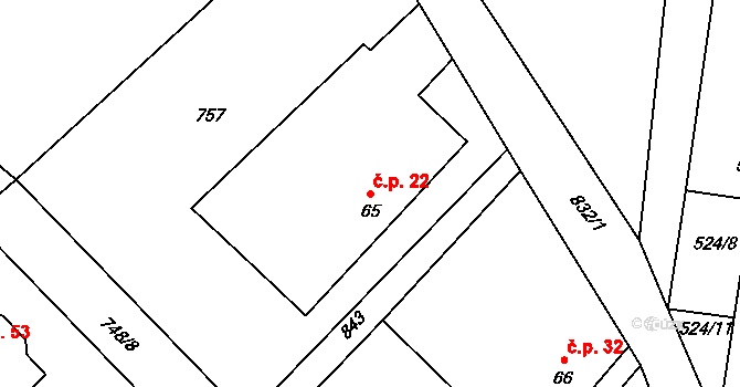 Kalhov 22 na parcele st. 65 v KÚ Kalhov, Katastrální mapa