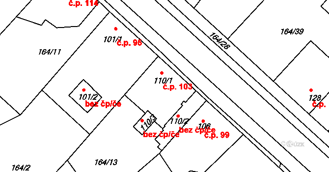 Kyšice 103 na parcele st. 110/1 v KÚ Kyšice, Katastrální mapa