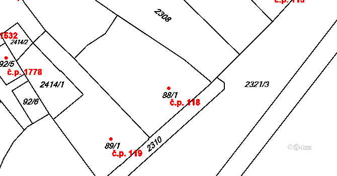 Tišnov 118 na parcele st. 88/1 v KÚ Tišnov, Katastrální mapa