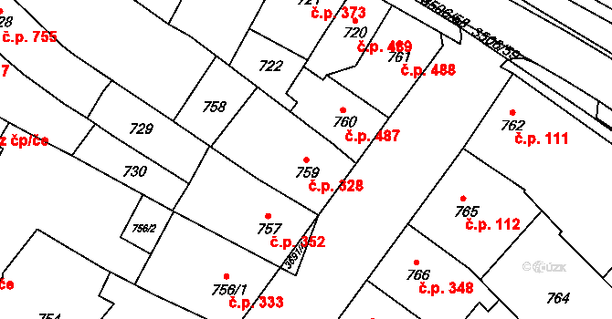 Vyškov-Předměstí 328, Vyškov na parcele st. 759 v KÚ Vyškov, Katastrální mapa