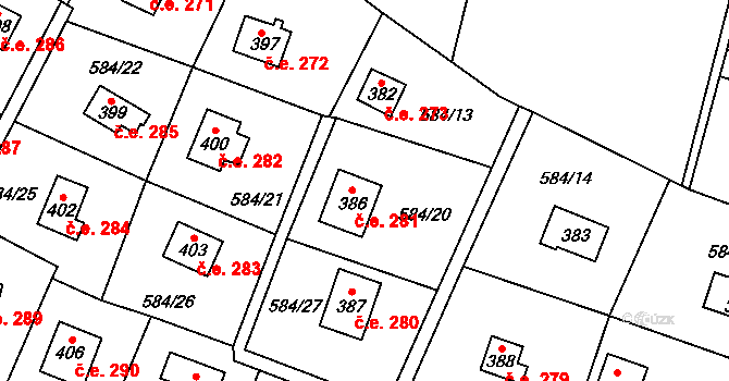 Poddubí 281, Kaliště na parcele st. 386 v KÚ Kaliště u Ondřejova, Katastrální mapa