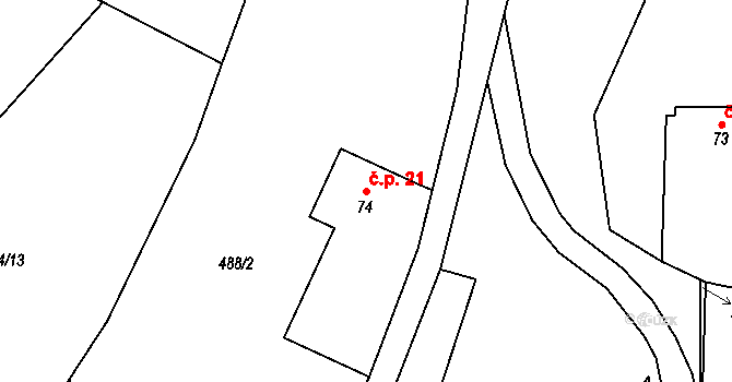 Roudný 21, Karlovice na parcele st. 74 v KÚ Karlovice, Katastrální mapa
