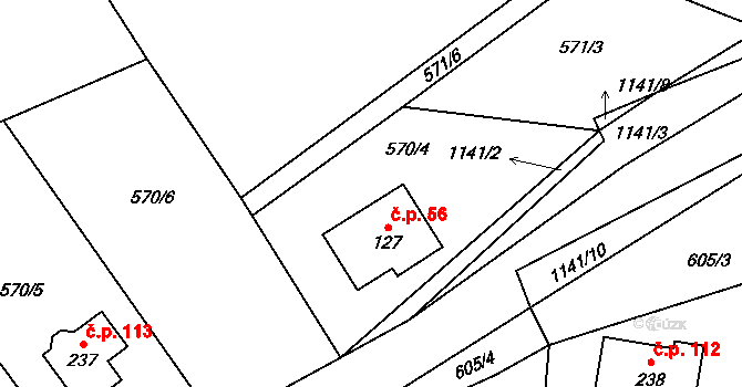 Lestkov 56, Radostná pod Kozákovem na parcele st. 127 v KÚ Lestkov pod Kozákovem, Katastrální mapa