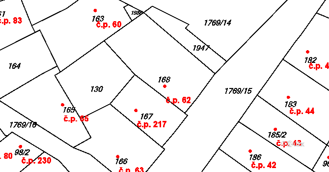 Dolní Bousov 62 na parcele st. 168 v KÚ Dolní Bousov, Katastrální mapa