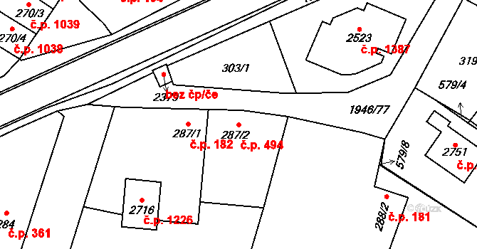 Třebechovice pod Orebem 494 na parcele st. 287/2 v KÚ Třebechovice pod Orebem, Katastrální mapa