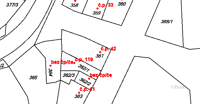 Grygov 42 na parcele st. 361 v KÚ Grygov, Katastrální mapa