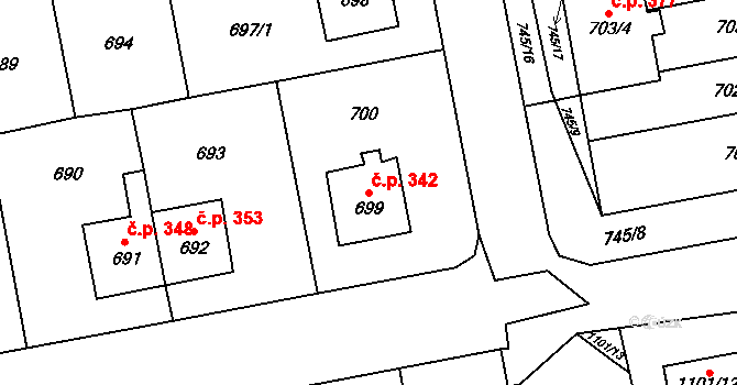 Grygov 342 na parcele st. 699 v KÚ Grygov, Katastrální mapa