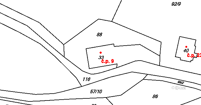 Kadeřín 9, Bouzov na parcele st. 33 v KÚ Kadeřín, Katastrální mapa