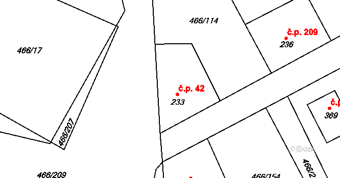 Broumy 42 na parcele st. 233 v KÚ Broumy, Katastrální mapa