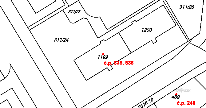 Uničov 835,836 na parcele st. 1199 v KÚ Uničov, Katastrální mapa
