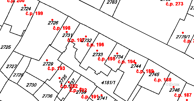 Roudnice nad Labem 195 na parcele st. 2733 v KÚ Roudnice nad Labem, Katastrální mapa